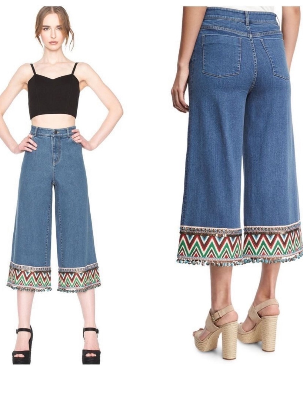 Alice + Olivia Beta Embroider Pom-Pom Hem Denim Wide LegHigh Waist Jeans 29